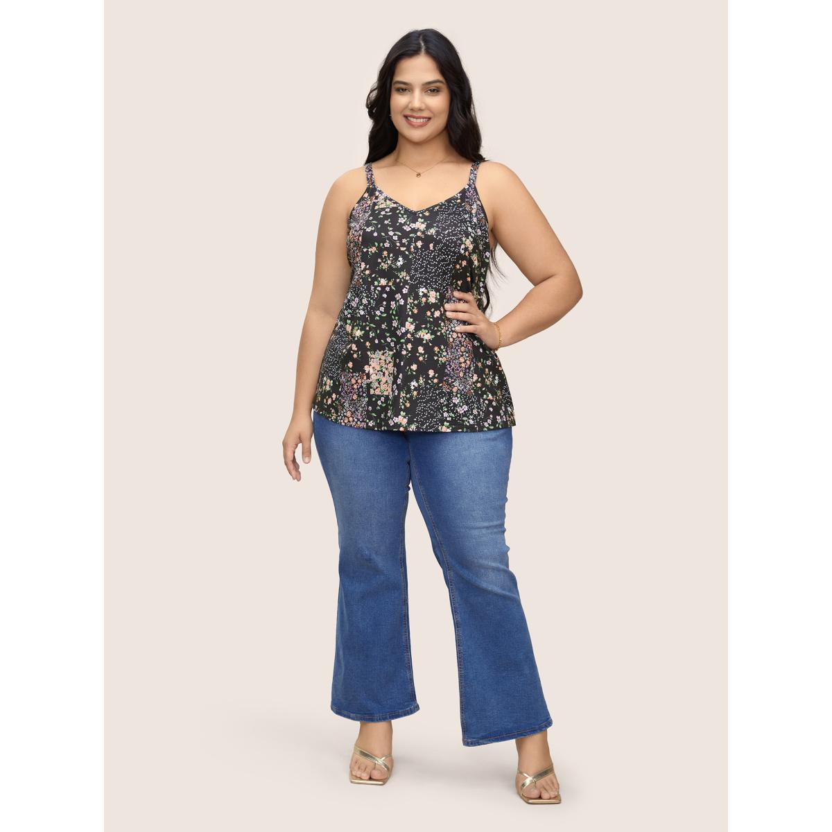 Plus Size V Neck Ditsy Floral Patchwork Cami Top Women Black Elegant Contrast V-neck Everyday Tank Tops Camis BloomChic 14-16/1X Product Image
