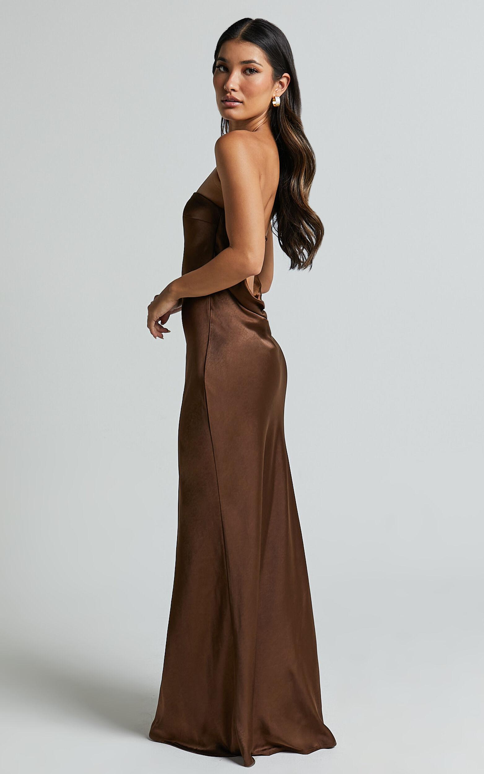 Charlita Maxi Dress - Strapless Cowl Back Satin Dress in Chocolate Product Image