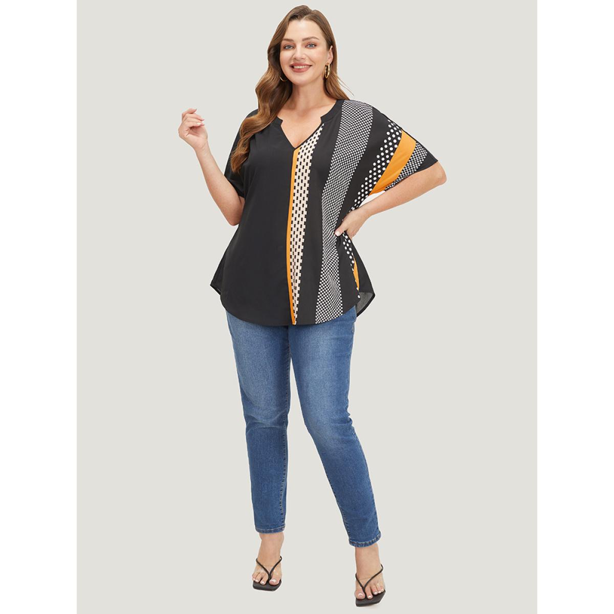 Plus Size Black Contrast Patchwork Notched Arc Hem Blouse Women Elegant Short sleeve Notched collar Dailywear Blouses BloomChic 12/L Product Image