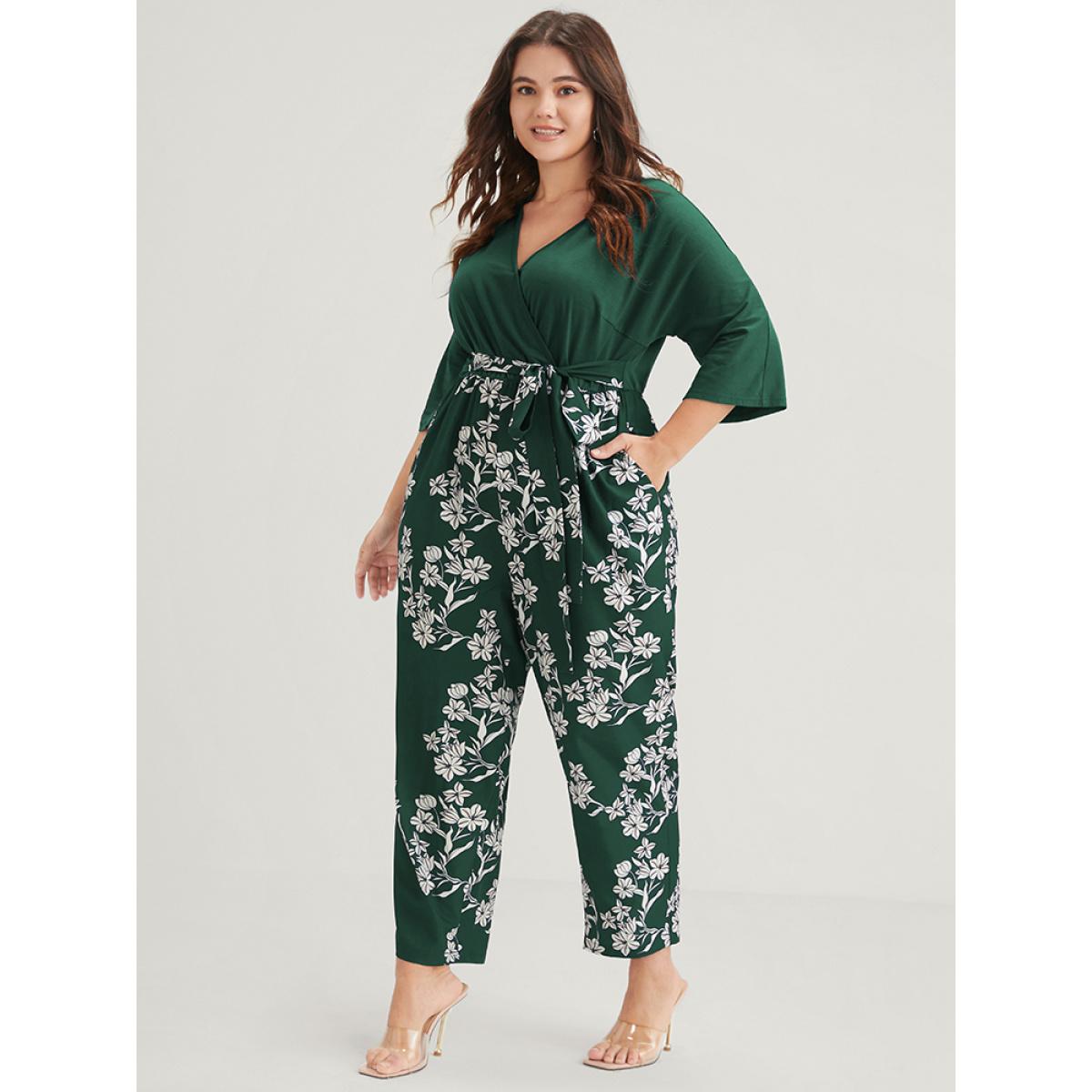 Plus Size DarkGreen Floral Print Button Dolman Sleeve Pocket Knotted Wrap Jumpsuit Women Elegant Half Sleeve V-neck Dailywear Loose Jumpsuits BloomChic 28/5X Product Image