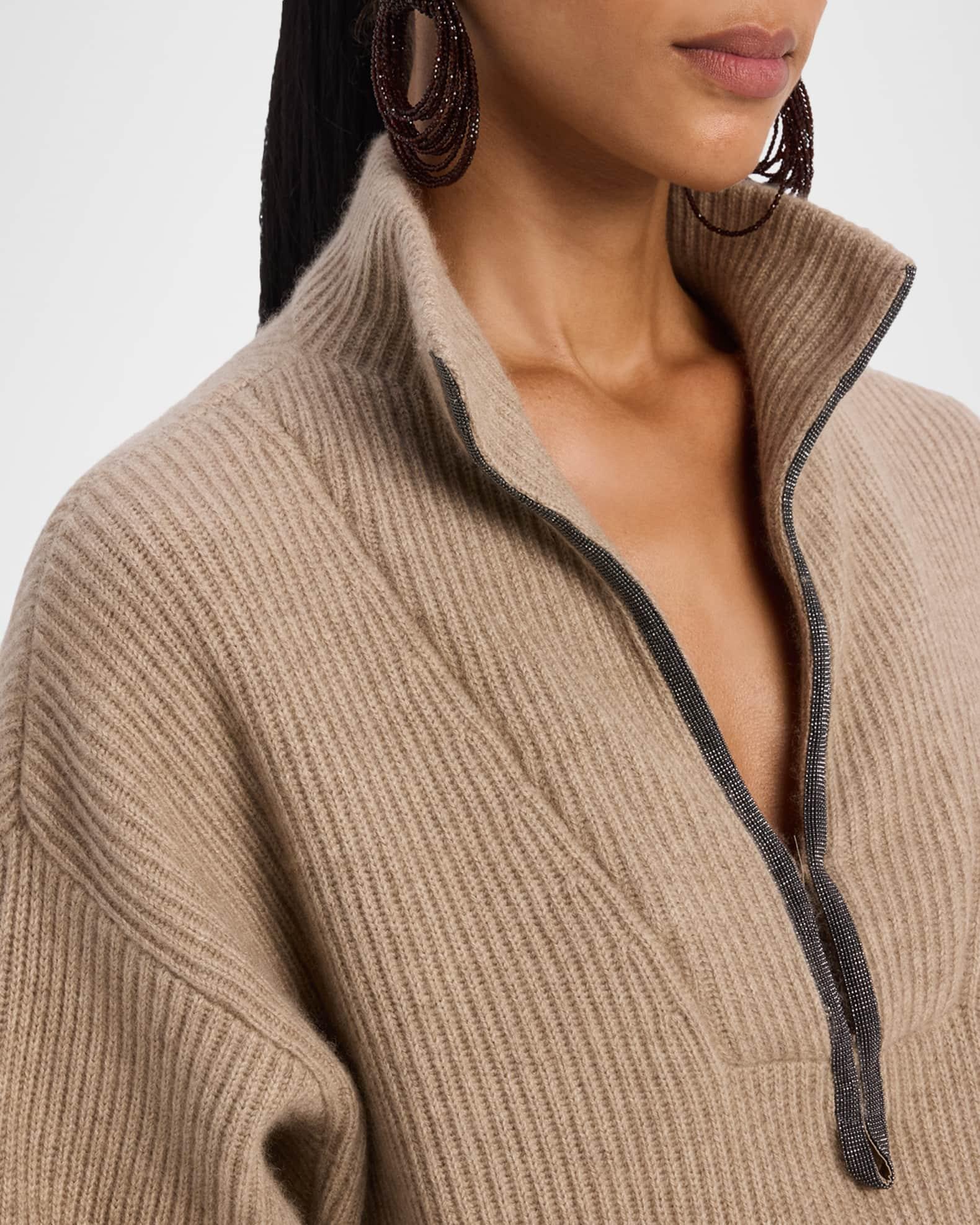 Ribbed Cashmere Deep-V Monili Trim Pullover Product Image