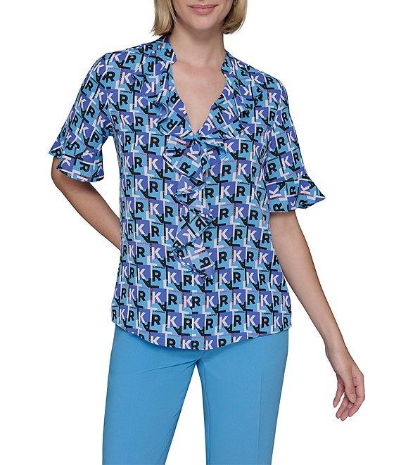 KARL LAGERFELD PARIS Georgette Logo Print Ruffle Front V-Neck Short Sleeve Blouse Product Image