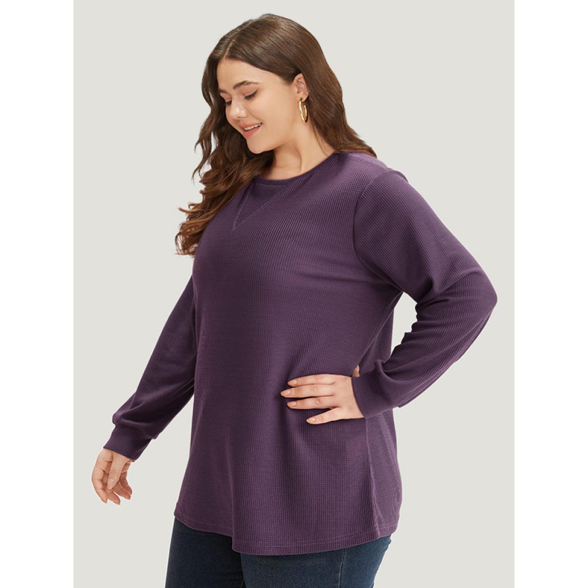 Plus Size Plain Textured Stitch Crew Neck Sweatshirt Women Eggplant Casual Elastic cuffs Round Neck Dailywear Sweatshirts BloomChic 14-16/1X Product Image