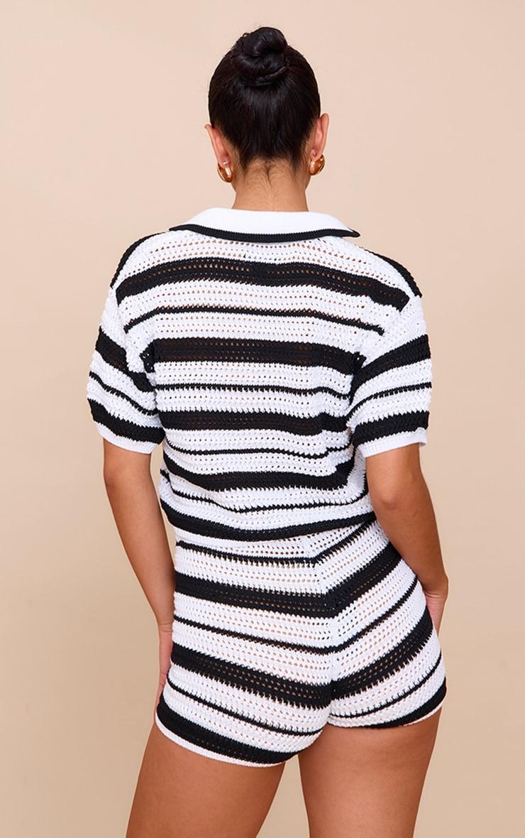 Monochrome Crochet Stripe Knit Polo Top Product Image