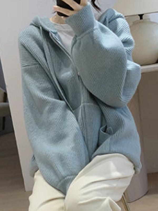 Solid Hooded Zip Up Knit Cardigan Product Image