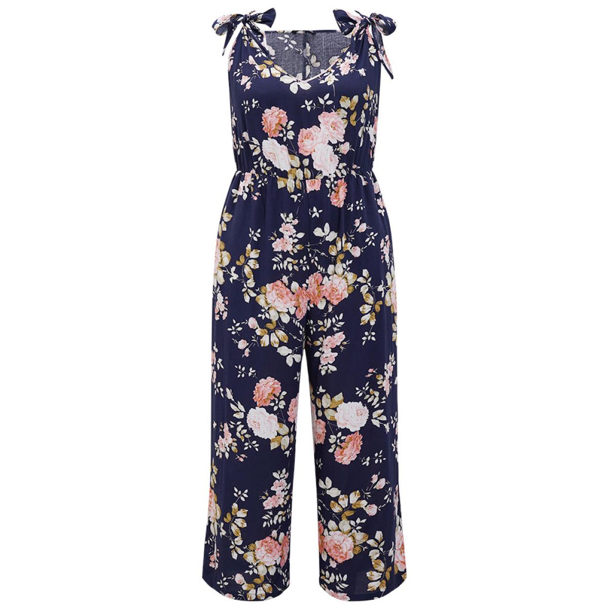 Plus Size DarkBlue Floral Belt Pocket Knot Shoulder Jumpsuit Women Elegant Sleeveless Spaghetti Strap Dailywear Loose Jumpsuits BloomChic 14-16/1X Product Image