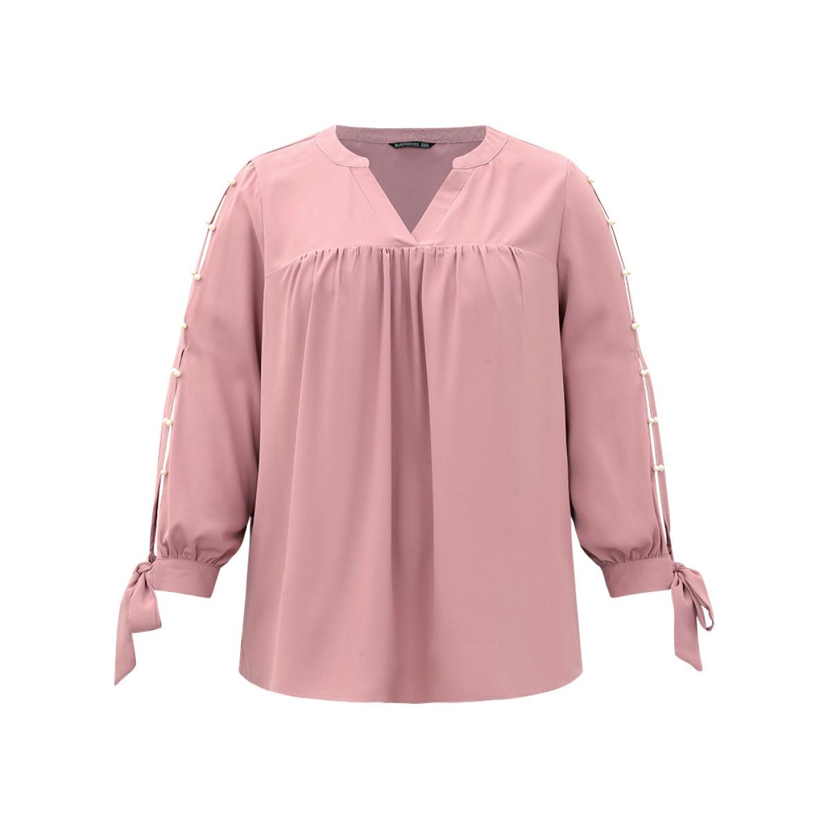 Plus Size DustyPink Plain Pleated Ties Beaded Notched Blouse Women Elegant Long Sleeve Notched collar Dailywear Blouses BloomChic 18-20/2X Product Image