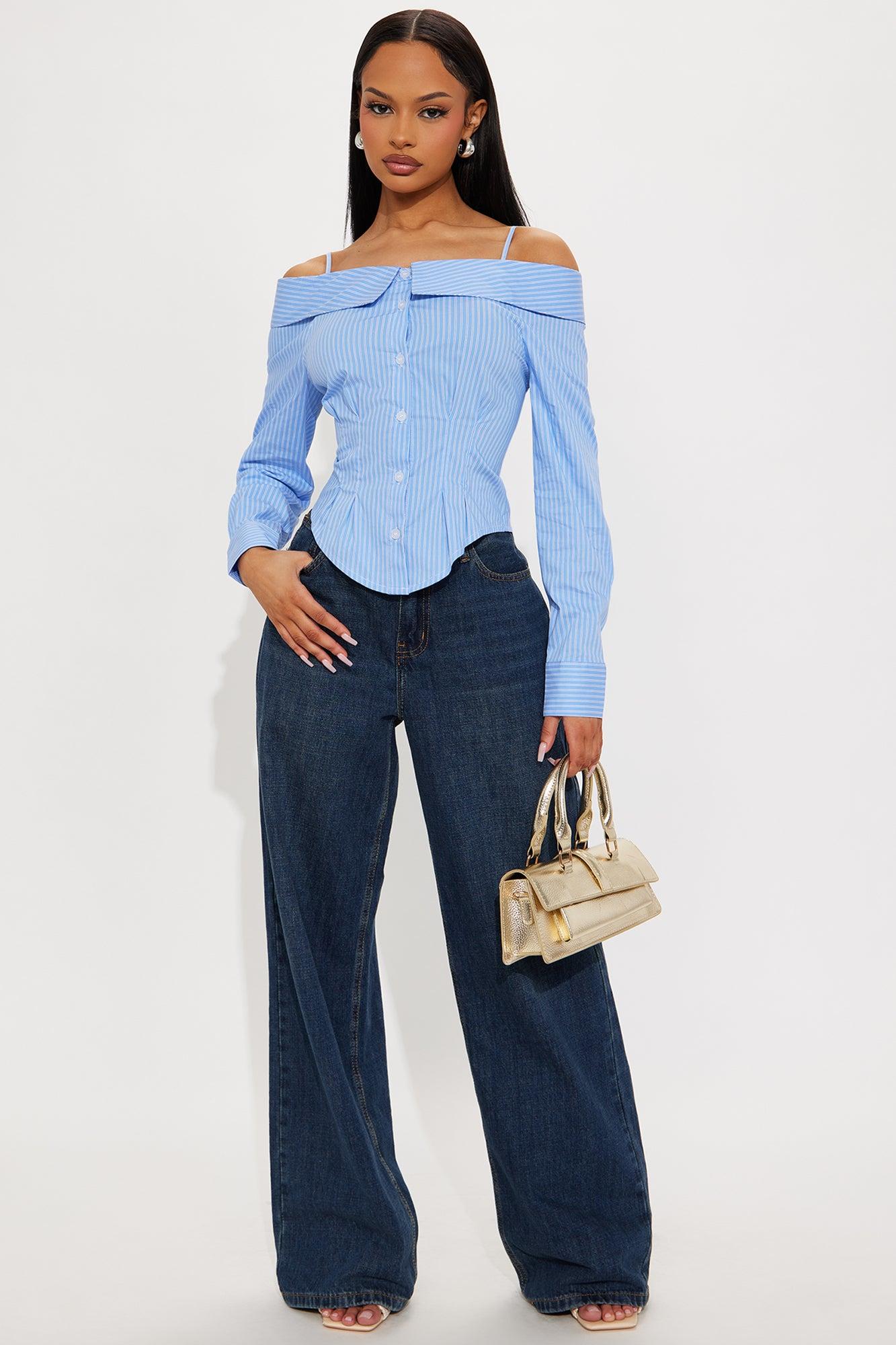 Perfectionist Off Shoulder Striped Poplin Shirt - Blue/combo Product Image