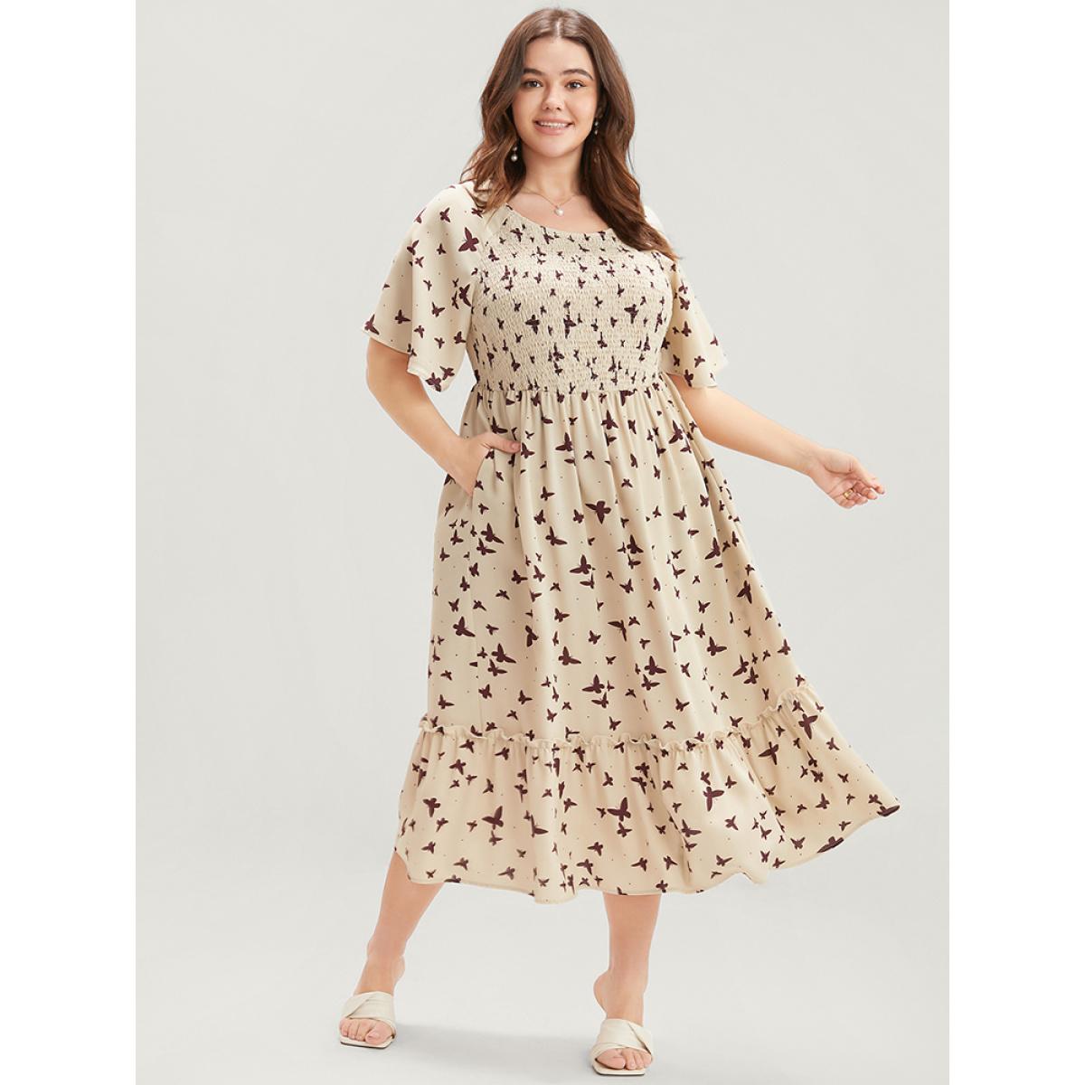 Plus Size Butterfly Print Shirred Raglan Sleeve Pocket Flutter Dress Apricot Women Elegant Gathered Round Neck Half Sleeve Curvy Midi Dress BloomChic 22-24/3X Product Image