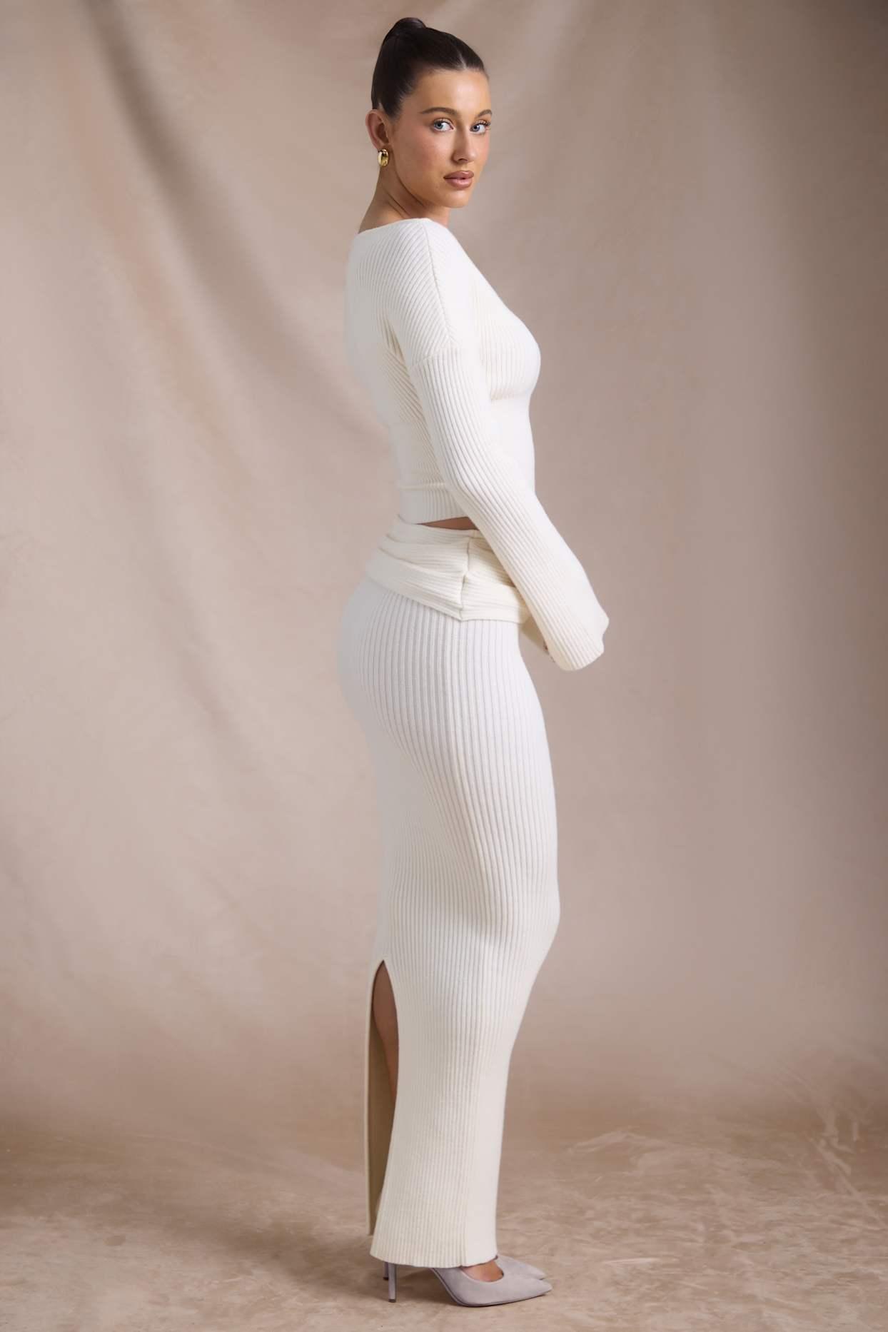 Ribbed-Knit Foldover Maxi Skirt in Ivory Product Image