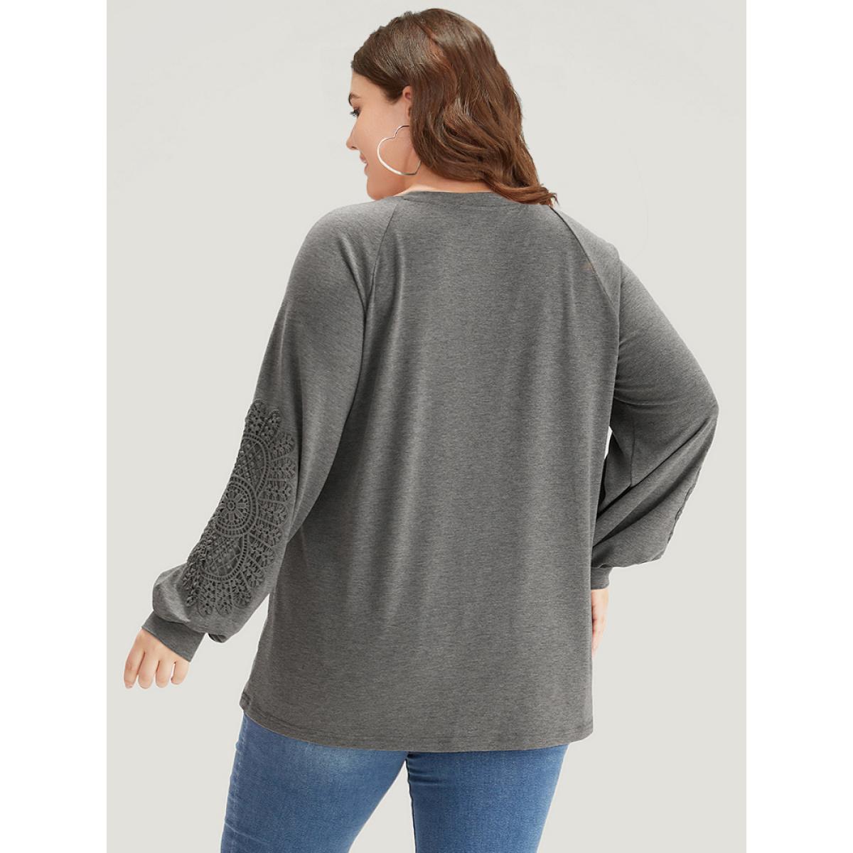 Plus Size Plain Guipure Lace V Neck Raglan Sleeve Sweatshirt Women Gray Elegant Plain V-neck Dailywear Sweatshirts BloomChic 12/L Product Image