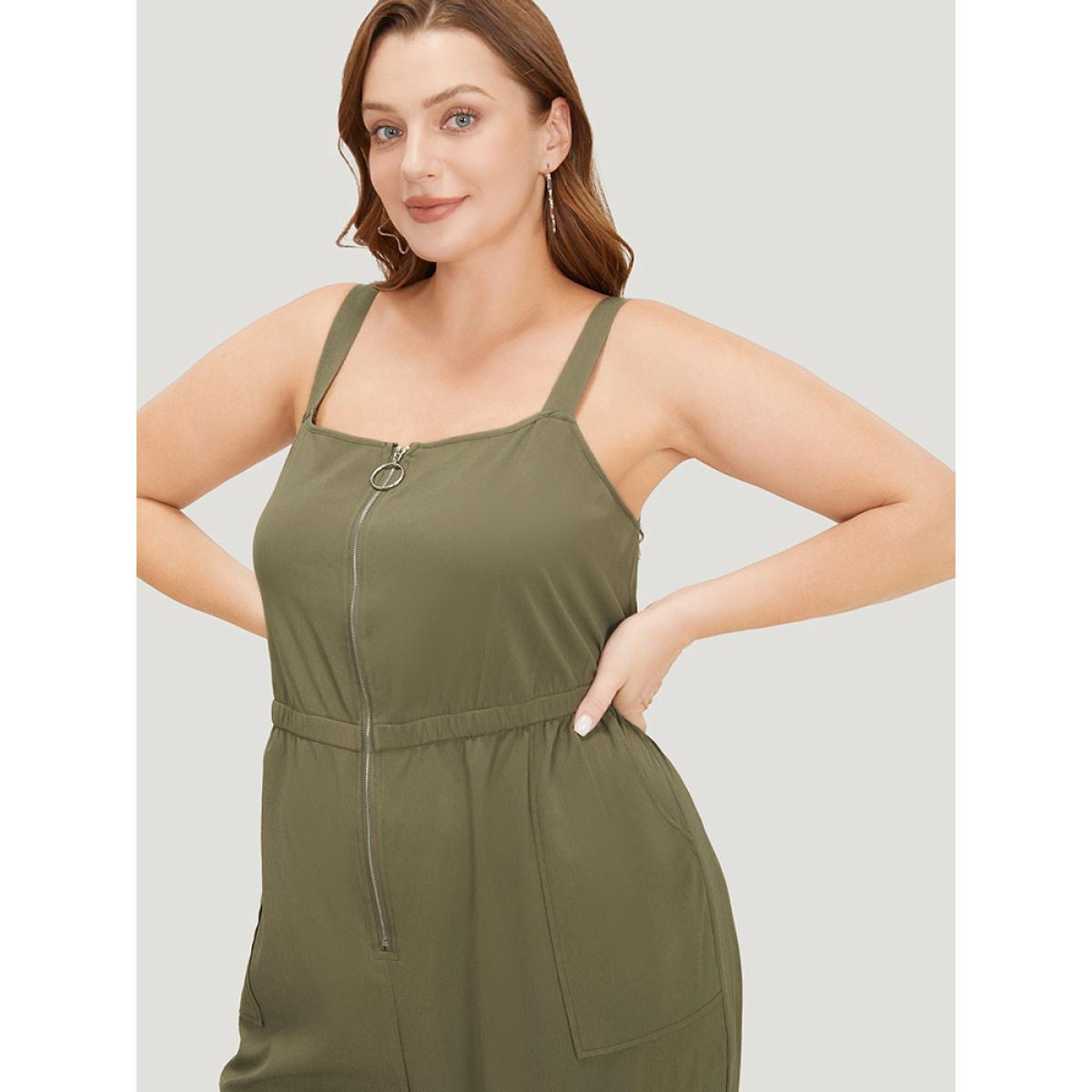 Plus Size ArmyGreen Solid Pocket Zip Up Cami Jumpsuit Women Casual Sleeveless Spaghetti Strap Dailywear Loose Jumpsuits BloomChic 18-20/2X Product Image