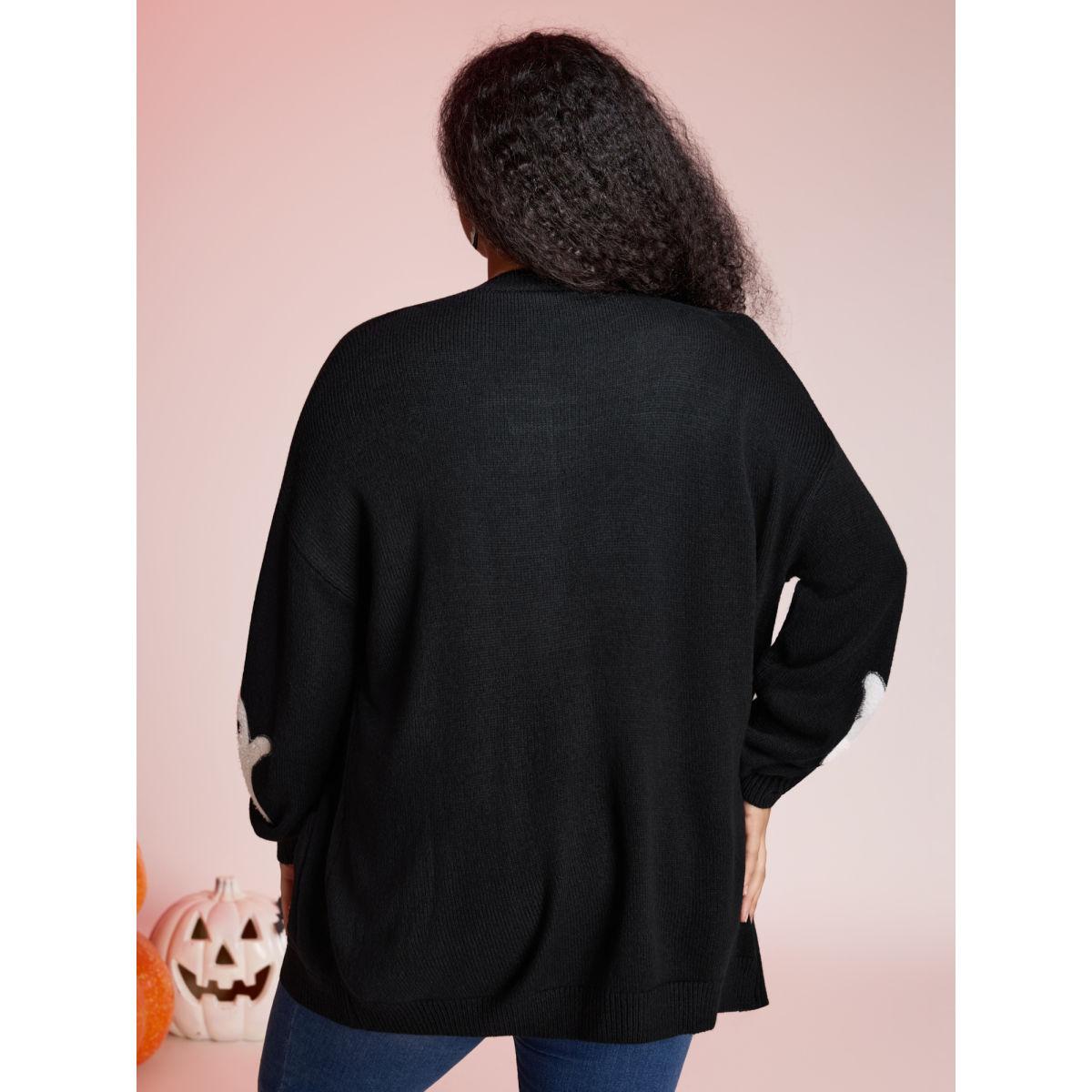 Plus Size Pumpkin Ghost Embroidery Open Cardigan Black Women Playful Loose Long Sleeve Casual Cardigans BloomChic 14-16/1X Product Image