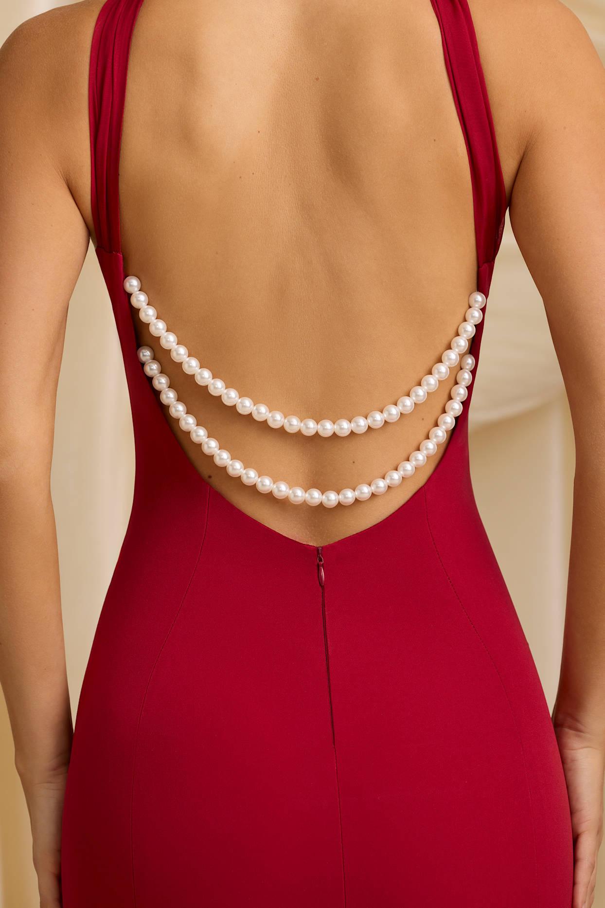 Pearl-Detail Halterneck Maxi Dress in True Red Product Image