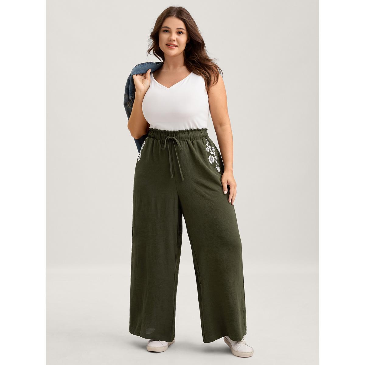 Plus Size Floral Embroidered Pockets Wide-Leg Pants Women ArmyGreen Casual Loose Mid Rise Casual Pants BloomChic 18-20/2X Product Image