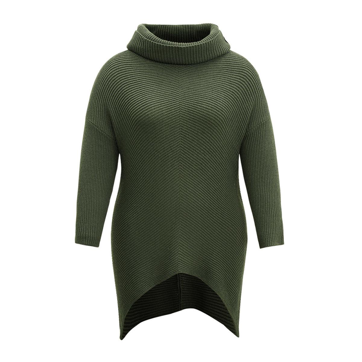 Plus Size Turtle Neck Plain Asymmetrical Hem Drop Shoulder Pullover ArmyGreen Women Casual Loose Long Sleeve Turtleneck Dailywear Pullovers BloomChic 14-16/1X Product Image