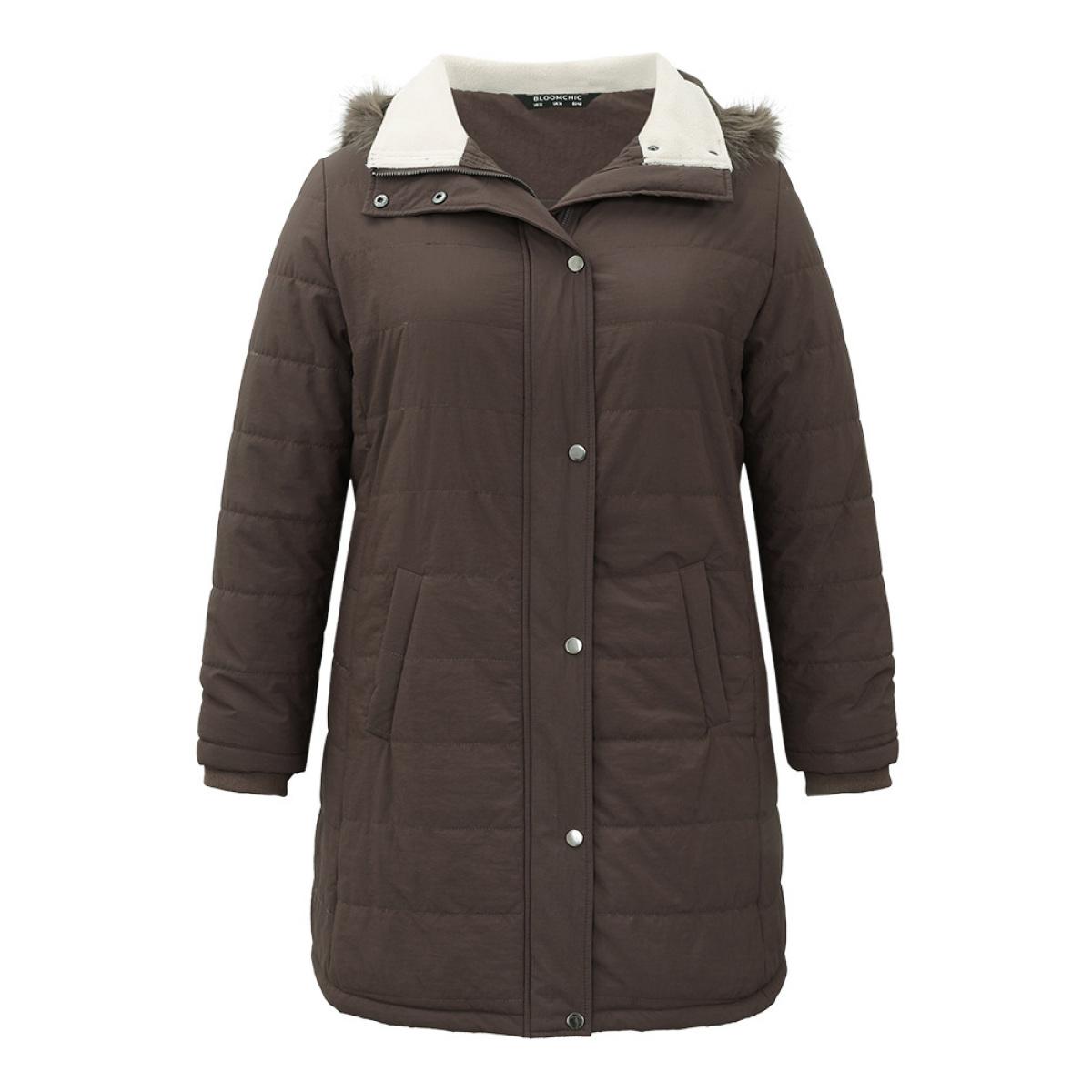 Plus Size Contrast Pocket Fuzzy Detail Zipper Fly Coat Women DarkBrown Casual Rib Knit Ladies Dailywear Winter Coats BloomChic 26/4X Product Image