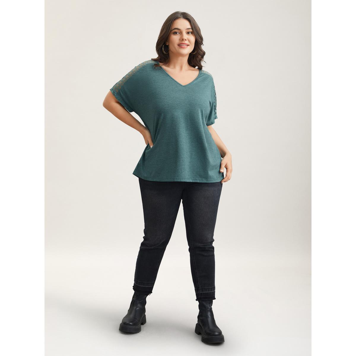 Plus Size Lace Sleeve V-Neck T-Shirt Cyan Women Casual See through V-neck Everyday T-shirts BloomChic 22-24/3X Product Image