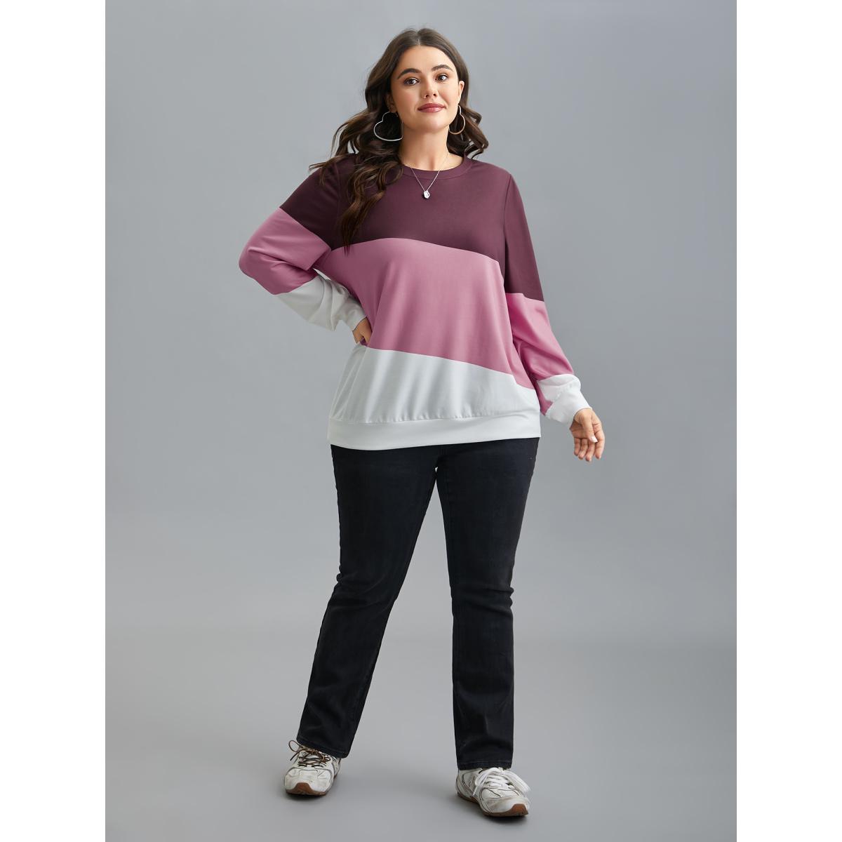 Plus Size Color Block Round Neck Sweatshirt Women Multicolor Casual Contrast V-neck Everyday Sweatshirts BloomChic 30/6X Product Image