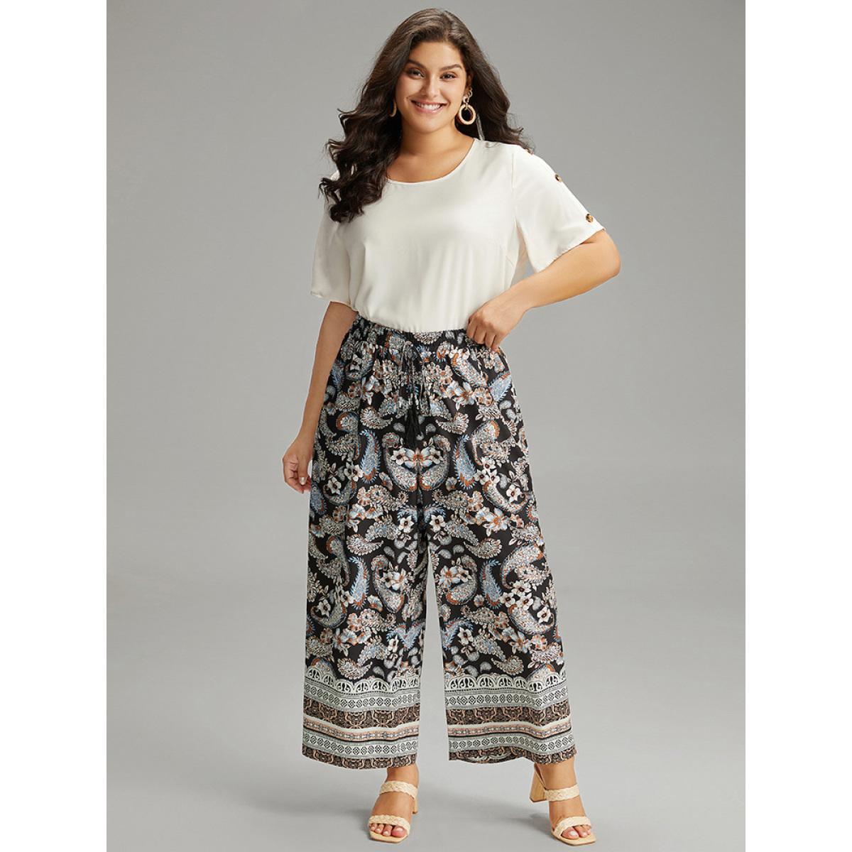 Plus Size Boho Print Tassel Elastic Waist Pants Women Black Resort Straight Leg High Rise Vacation Pants BloomChic 14-16/1X Product Image