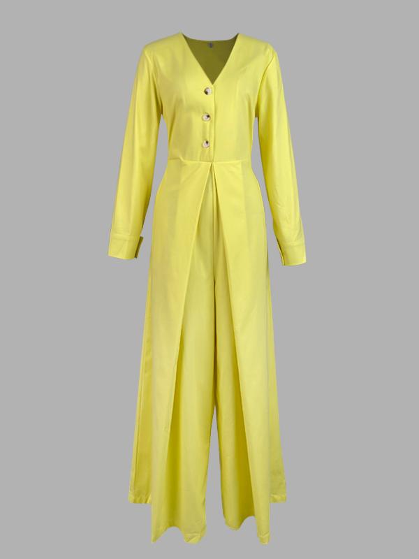 High Waisted Long Sleeves Buttoned Pockets Solid Color V-Neck Jumpsuits Product Image