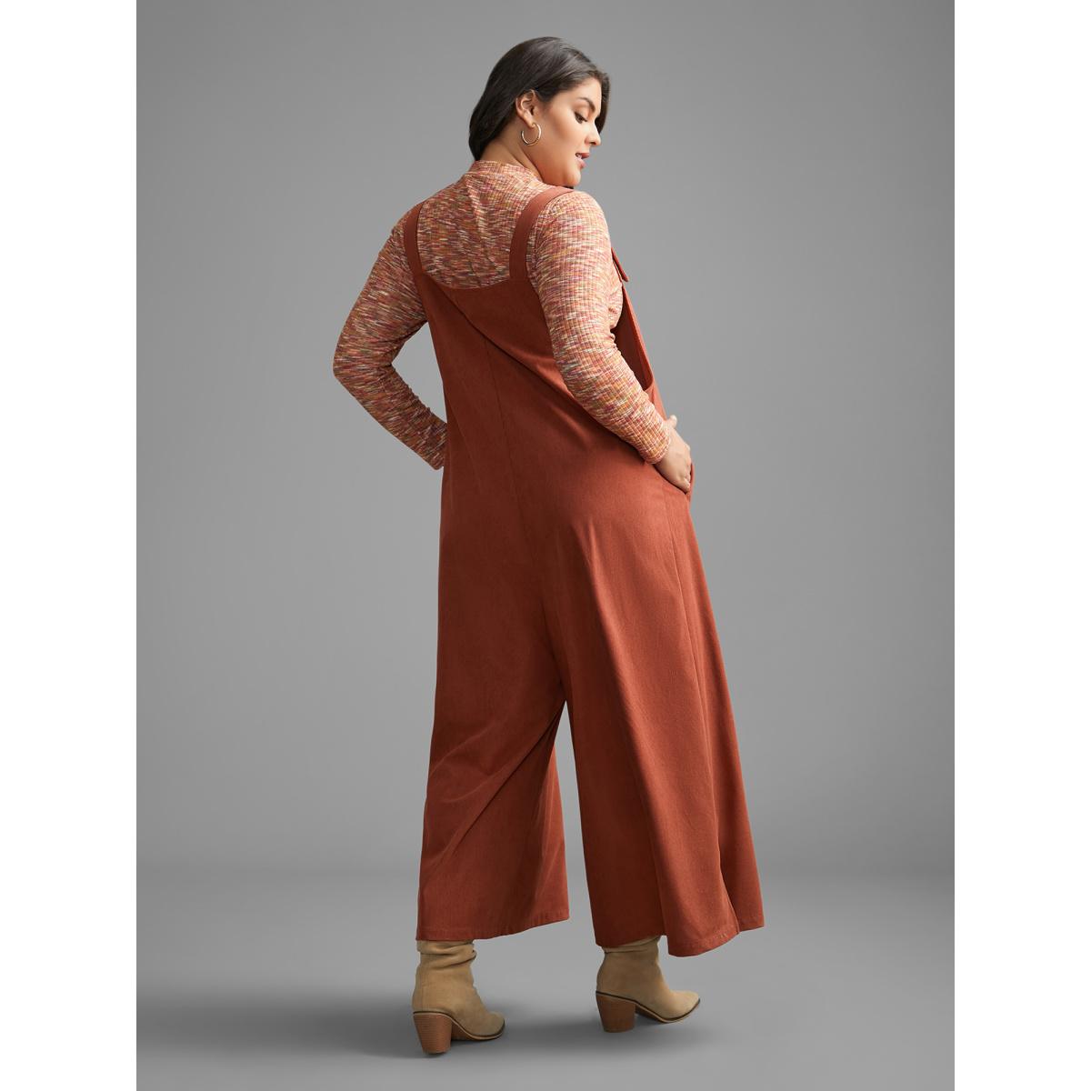 Plus Size Rust Solid Corduroy Wide Leg Overall Women Casual Sleeveless Non Everyday Loose Jumpsuits BloomChic 10/M Product Image
