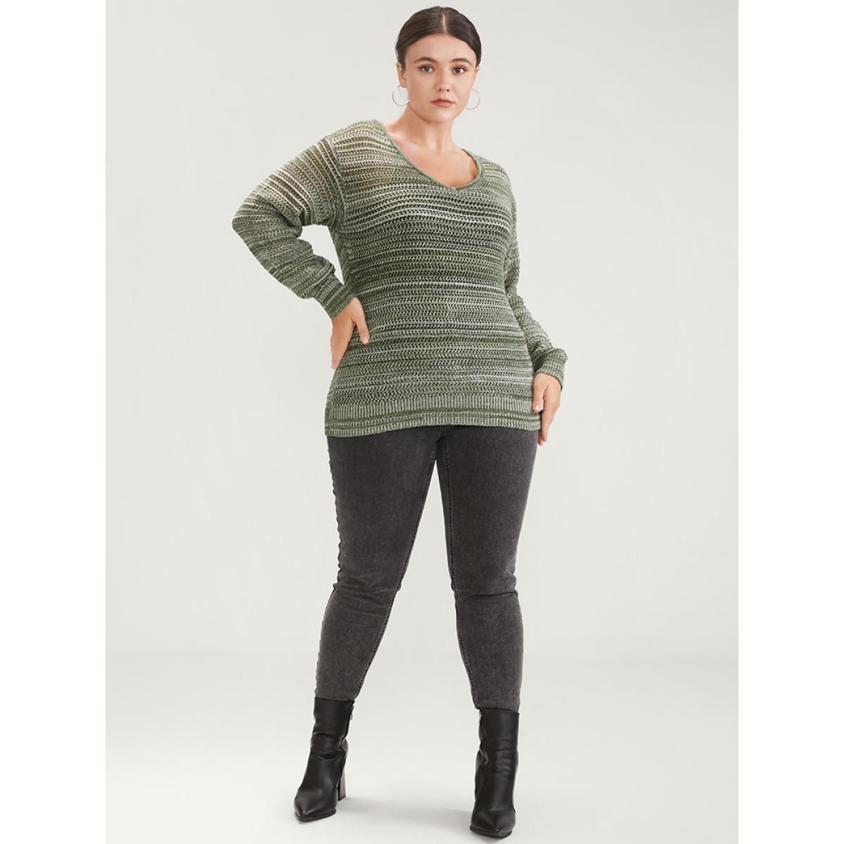 Plus Size Ombre Spacedye Knit V Neck Crochet Knit Top Multicolor Women Casual Loose Long Sleeve V-neck Dailywear Pullovers BloomChic 14-16/1X Product Image