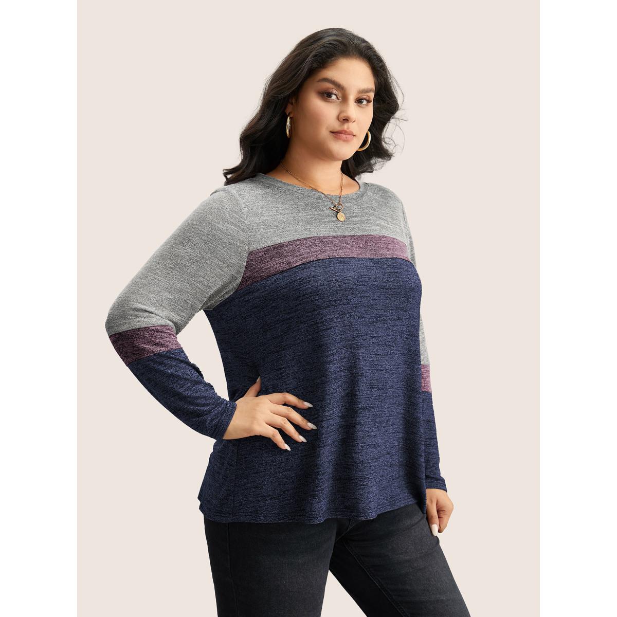 Plus Size Heather Colorblock Contrast Crew Neck T-shirt Blue Women Casual Texture Plain Round Neck Everyday T-shirts BloomChic 14-16/1X Product Image