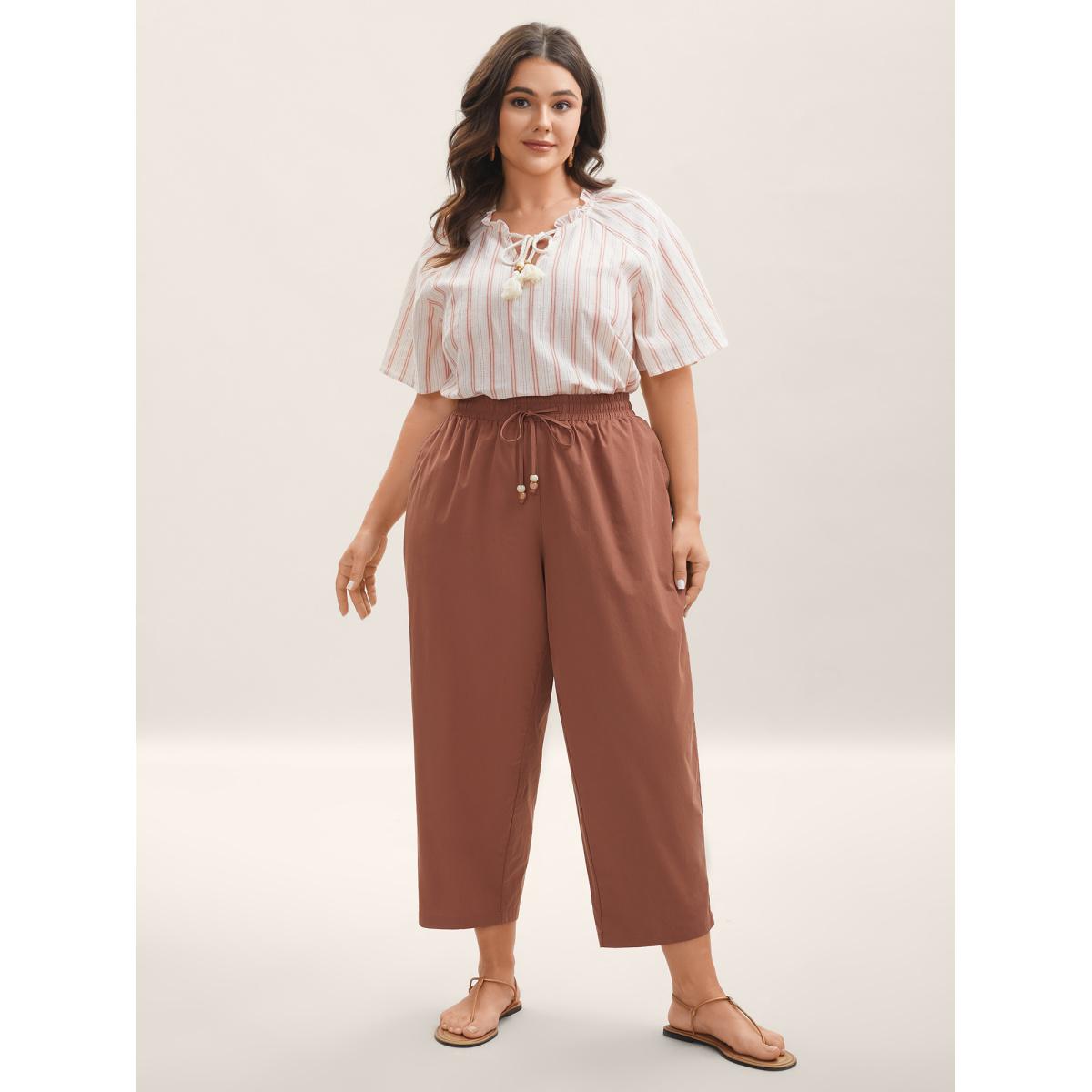 Plus Size Cotton Drawstring Straight-Leg Pants Women Rust Boho Straight Leg Mid Rise Vacation Pants BloomChic 22-24/3X Product Image