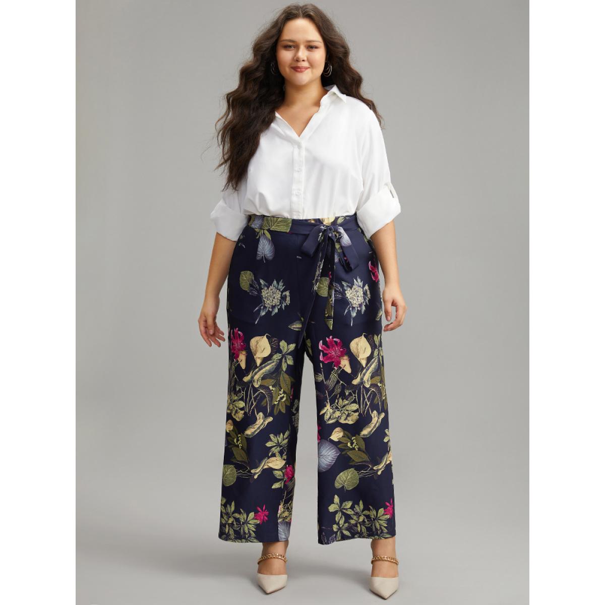 Plus Size Floral Print Belted Straight Leg Pants Women Indigo Elegant Wide Leg High Rise Dailywear Pants BloomChic 12/L Product Image