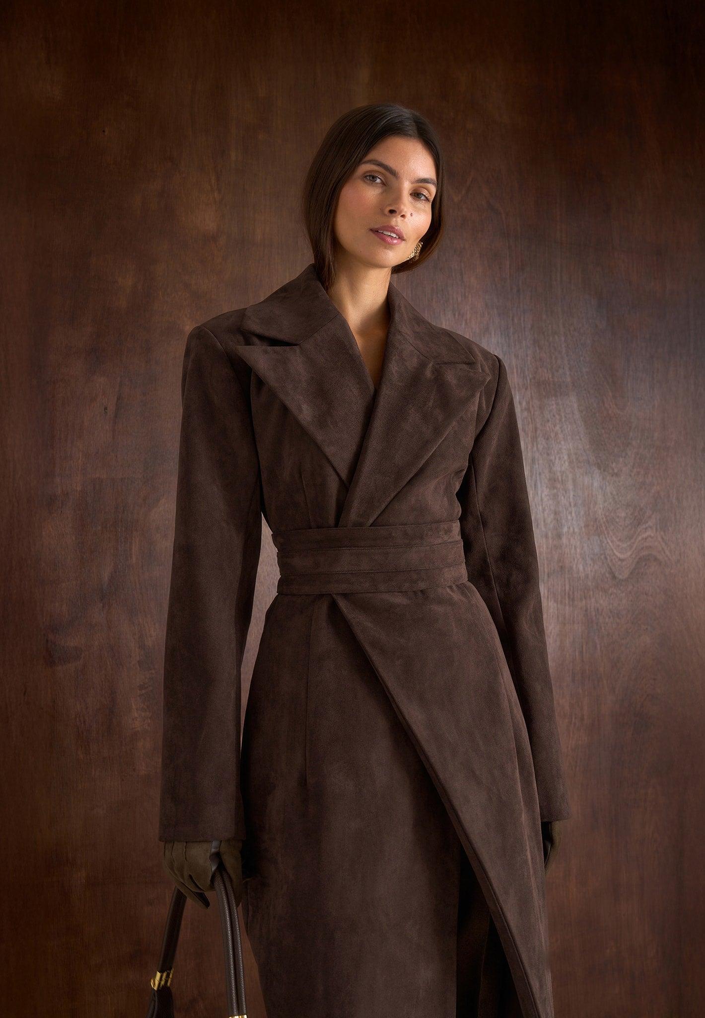 Esma - Suede Asymmetric Coat with Cinch Belt - Brown Female Product Image