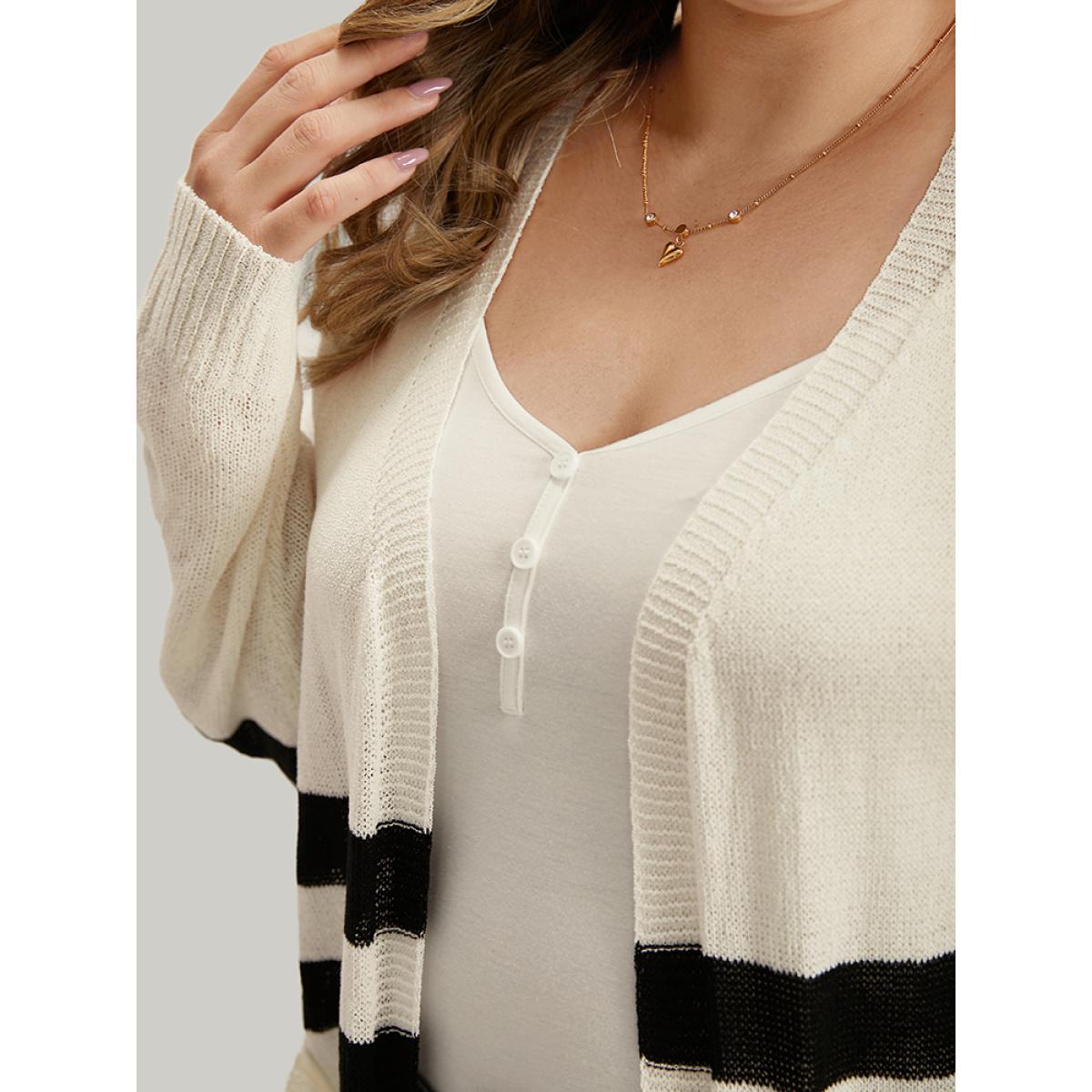 Plus Size Striped Pocket Open Front Cardigan Beige Women Casual Loose Long Sleeve Everyday Cardigans BloomChic 30/6X Product Image