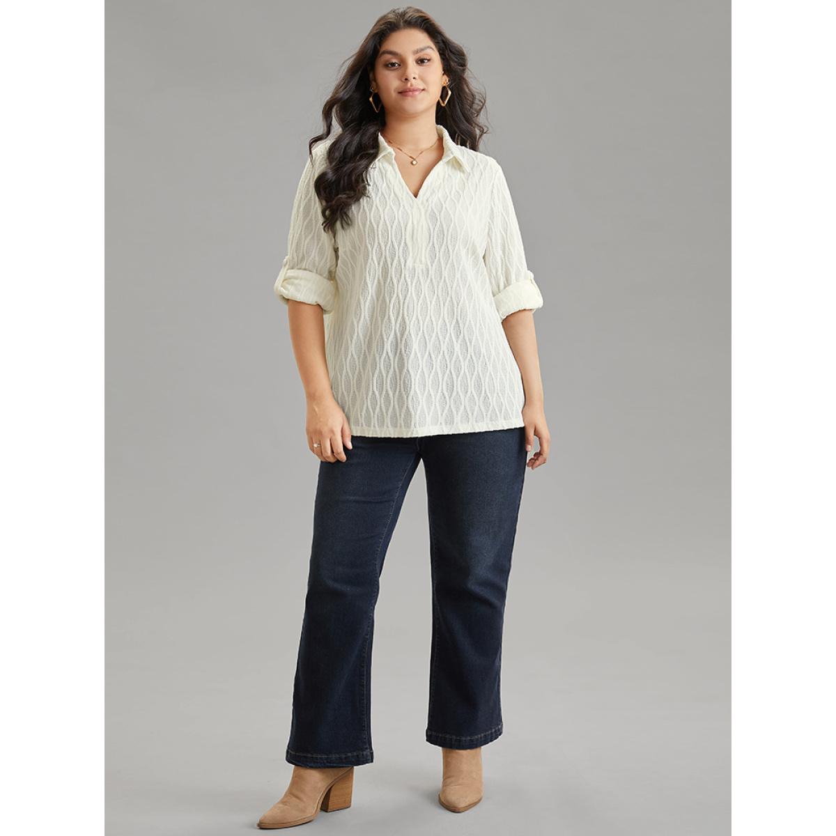 Plus Size Ivory Plain Shirt Collar Tab Sleeve Jacquard Blouse Women Casual Long Sleeve Shirt collar Office Blouses BloomChic 12/L Product Image