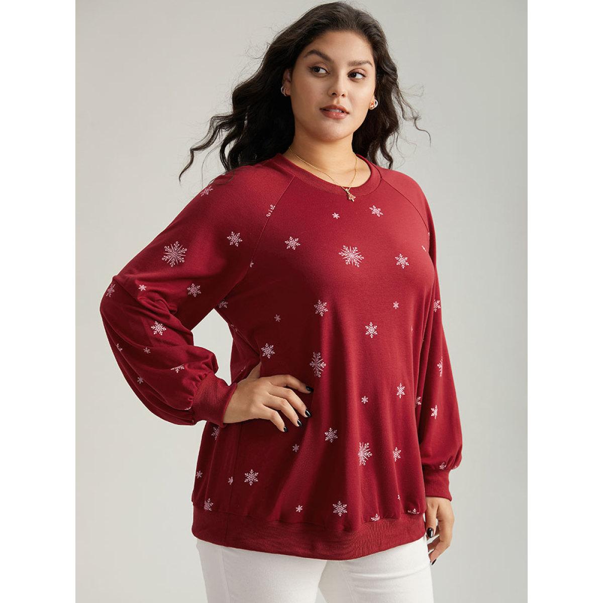 Plus Size Snowflake Print Raglan Sleeve Sweatshirt Women Red Casual Elastic cuffs Round Neck Festival-Christmas Sweatshirts BloomChic 10/M Product Image