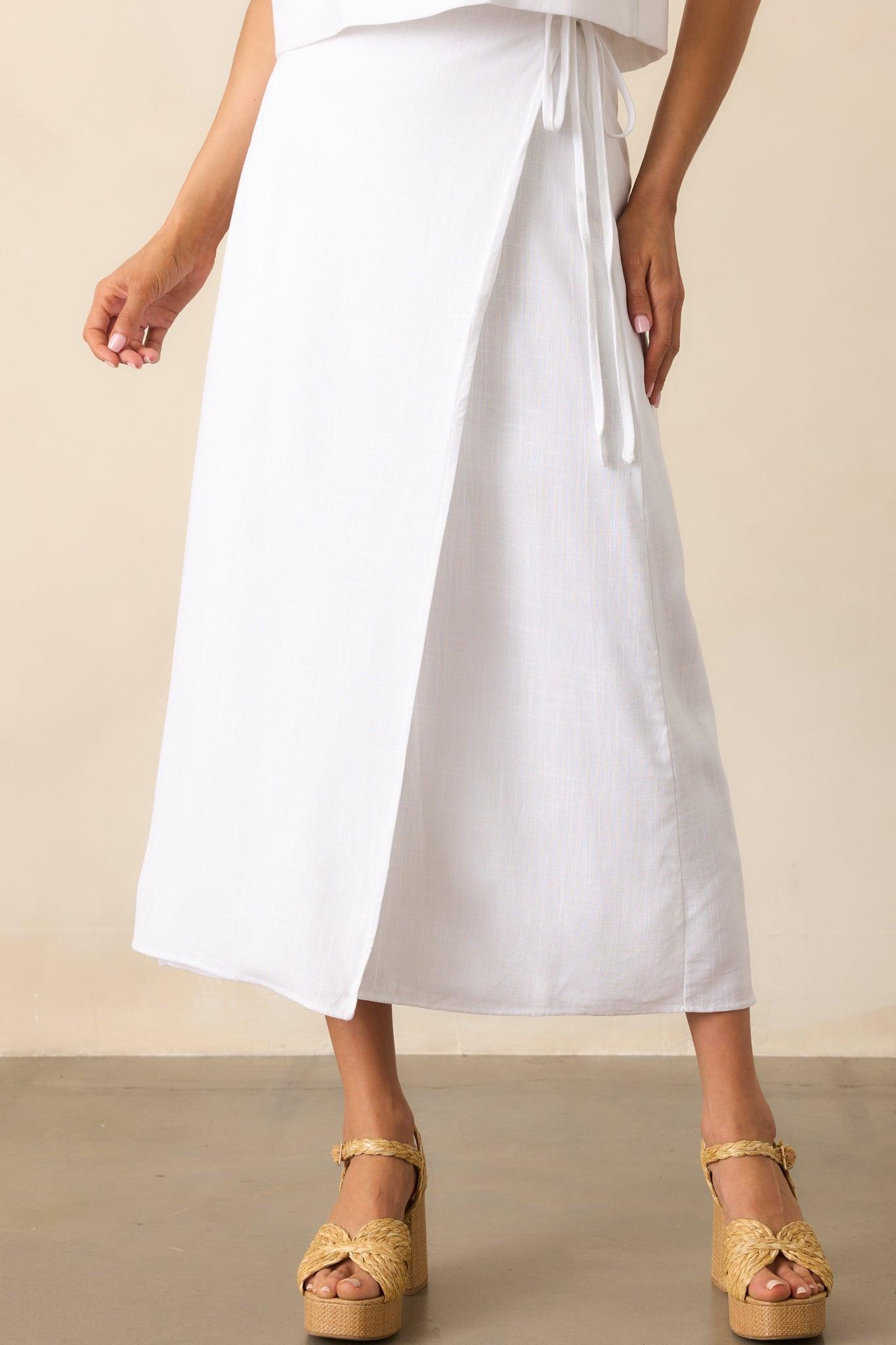 That Peaceful Feeling White Linen Blend Wrap Midi Skirt Product Image