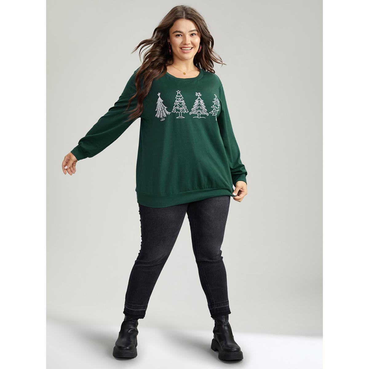 Plus Size Christmas Trees Round Neck Sweatshirt Women DarkGreen Casual Elastic cuffs Festival-Christmas Sweatshirts BloomChic 10/M Product Image