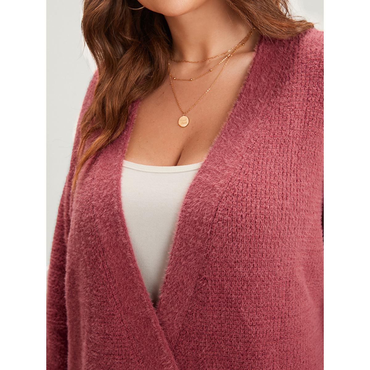 Plus Size Solid Pointelle Knit Surplice Neck Fluffy Knit Top Rust Women Casual Loose Long Sleeve Deep V-neck Dailywear Pullovers BloomChic 10/M Product Image