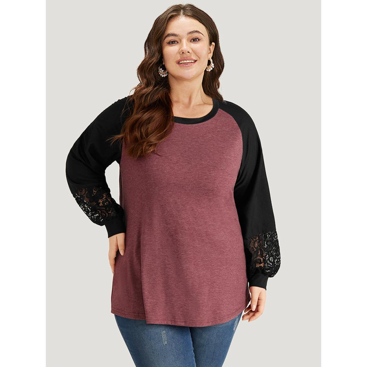 Plus Size Round Neck Lace Patchwork Raglan Sleeve T-shirt Russet Women Elegant Elastic cuffs Plain Round Neck Dailywear T-shirts BloomChic 28/5X Product Image