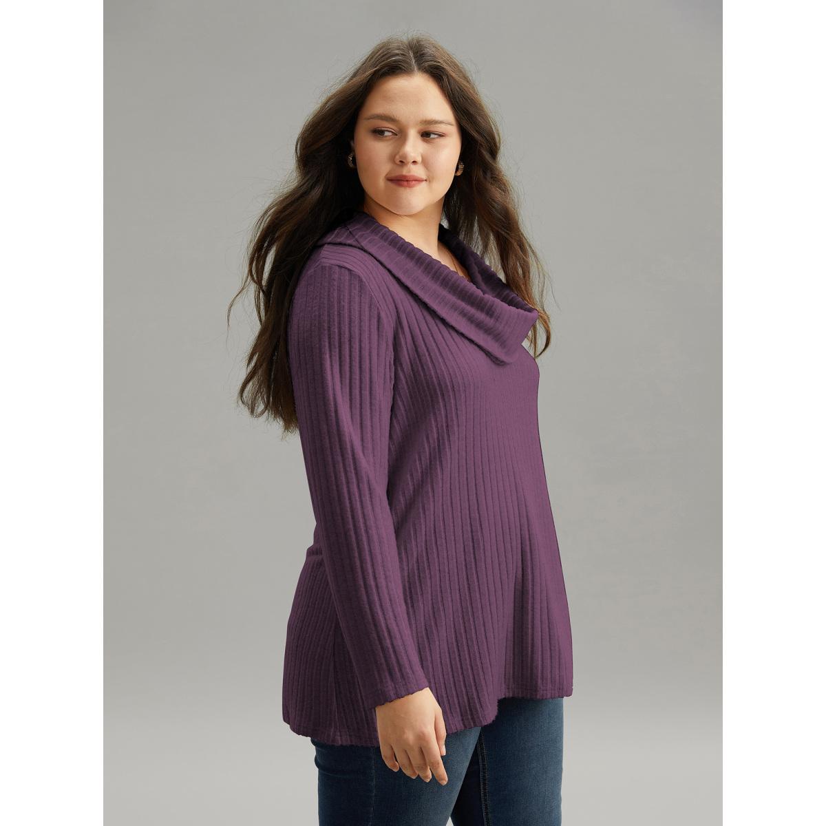 Plus Size Plain Rib Knit Cowl Neck T-shirt Eggplant Women Elegant Texture Plain Ruffled collar Dailywear T-shirts BloomChic 18-20/2X Product Image