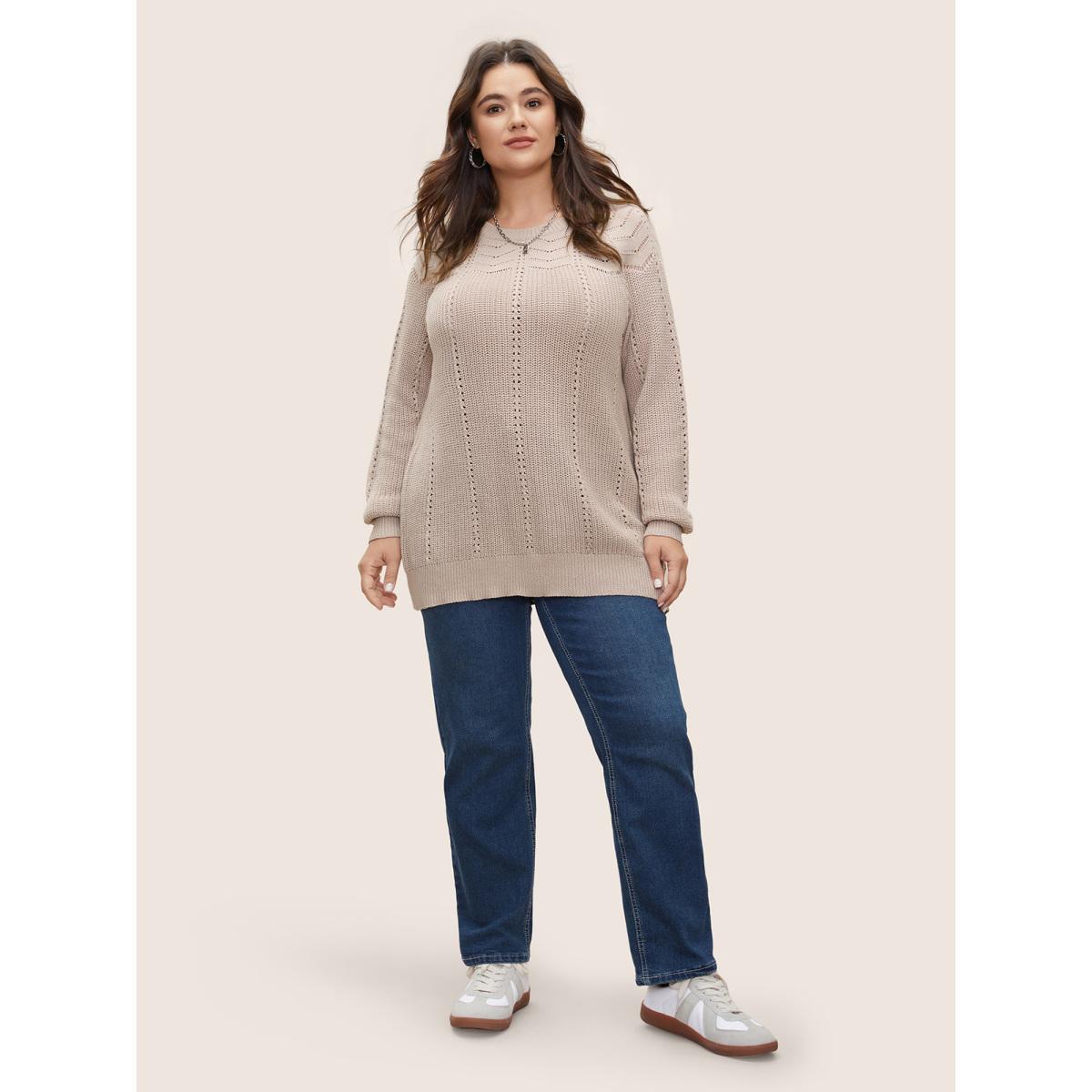 Plus Size Plain Texture Raglan Sleeve Pointelle Knit Pullover Apricot Women Casual Long Sleeve Round Neck Everyday Pullovers BloomChic 18-20/2X Product Image