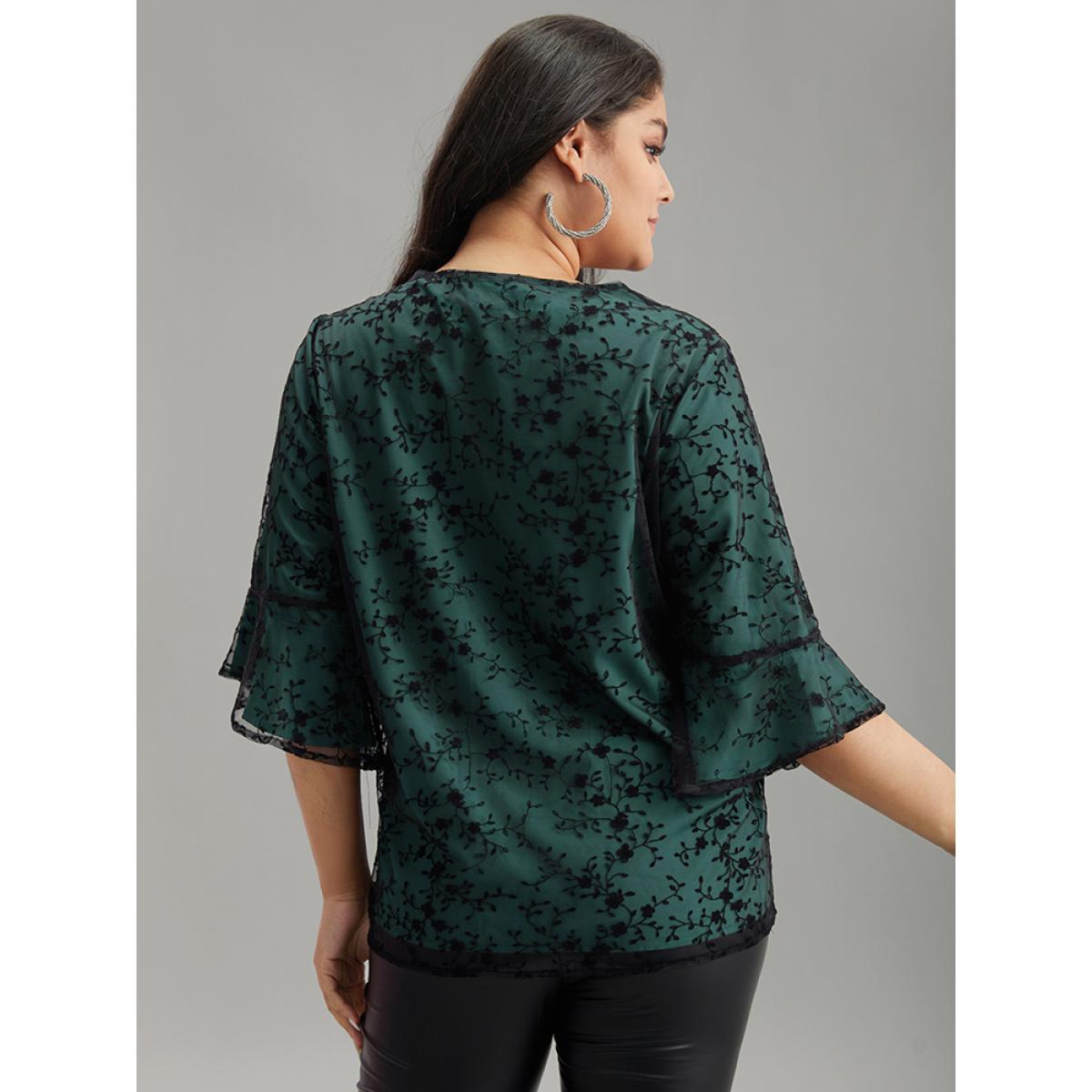 Plus Size DarkGreen Crochet Lace Mesh Bell Sleeve Blouse Women Cocktail Elbow-length sleeve V-neck Party Blouses BloomChic 22-24/3X Product Image