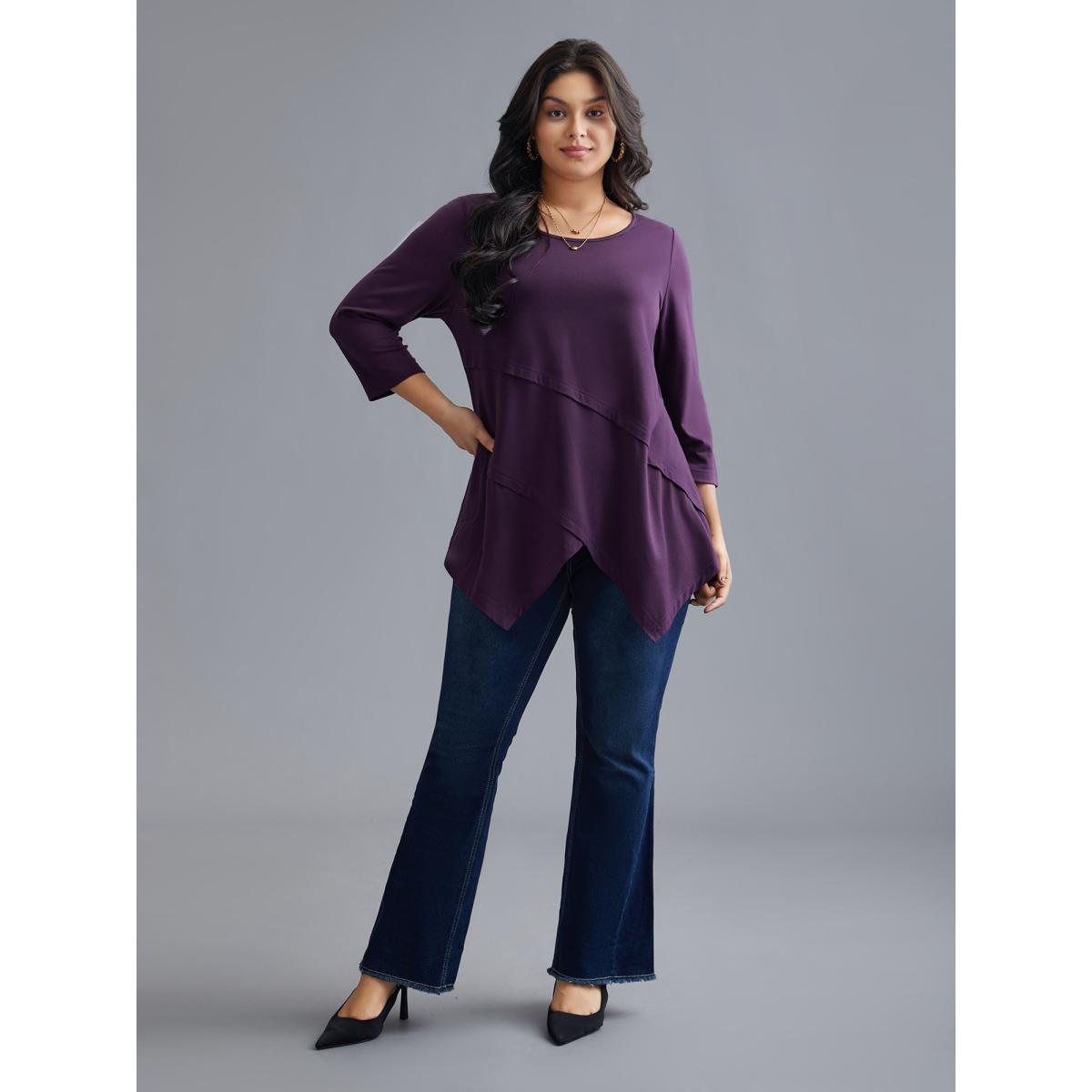 Plus Size Asymmetrical Hem Overlap Long T-shirt Eggplant Women Leisure Tucked seam Round Neck Loose Casual T-shirts BloomChic 14-16/1X Product Image