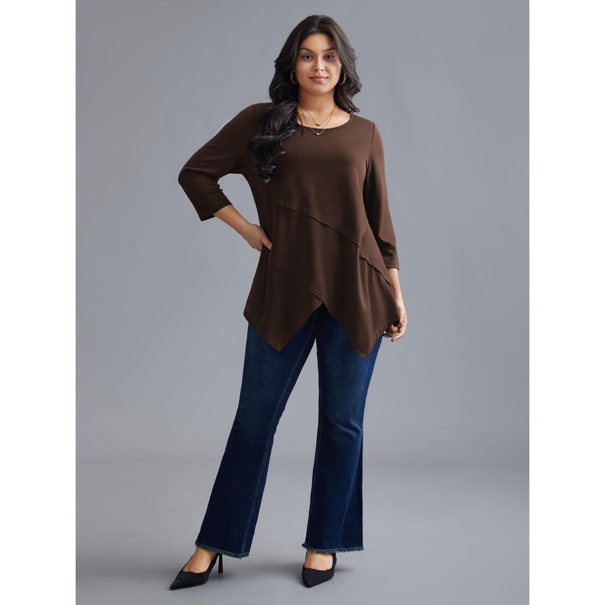 Plus Size Asymmetrical Hem Overlap Long T-shirt DarkBrown Women Leisure Tucked seam Round Neck Loose Casual T-shirts BloomChic 28/5X Product Image