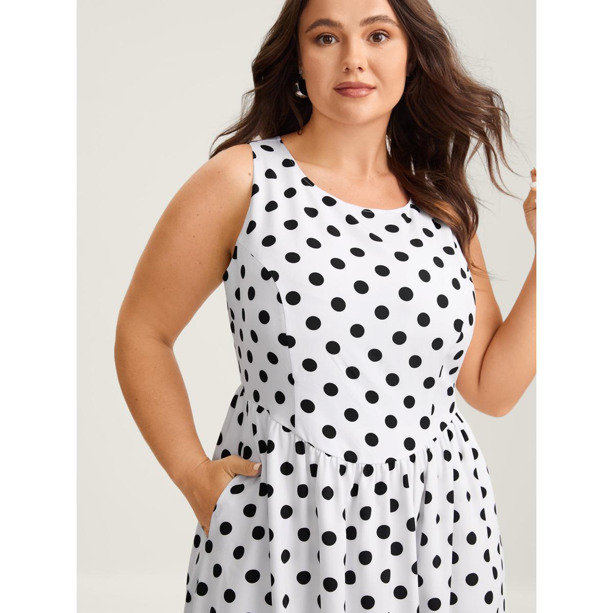 Plus Size Pretty Polka Dots Drop Waist Midi Dress Ivory Women Office Gathered Round Neck Sleeveless Curvy BloomChic 22-24/3X Product Image