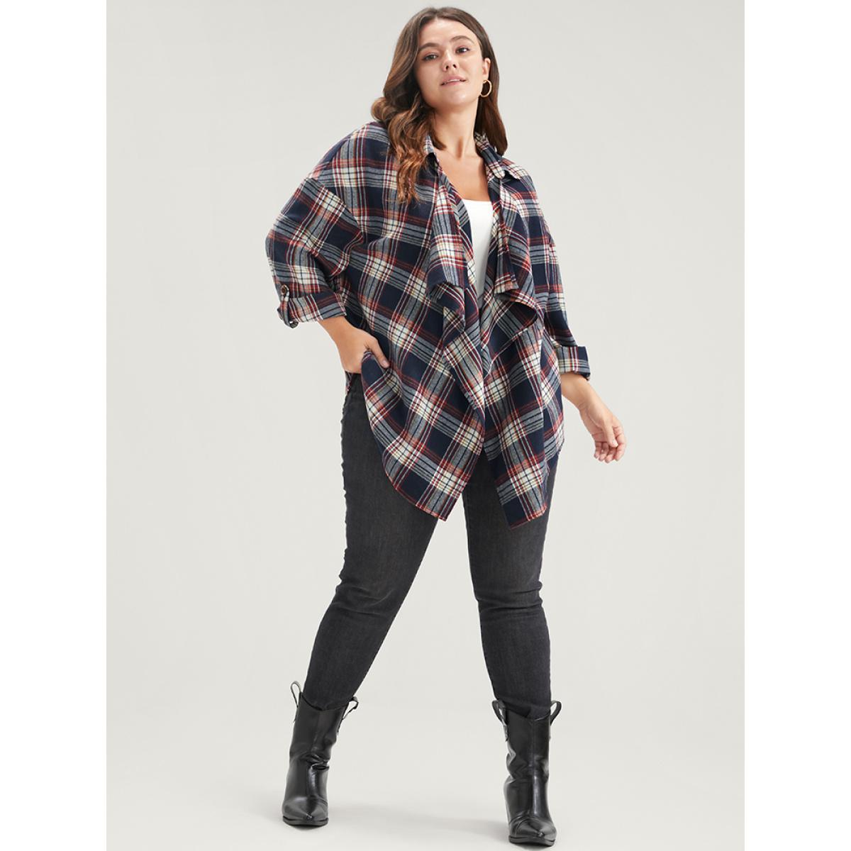 Plus Size Plaid Cuffed Sleeve Asymmetrical Waterfall Collar Coat Women DarkBlue Elegant Asymmetrical Ladies Dailywear Winter Coats BloomChic 12/L Product Image