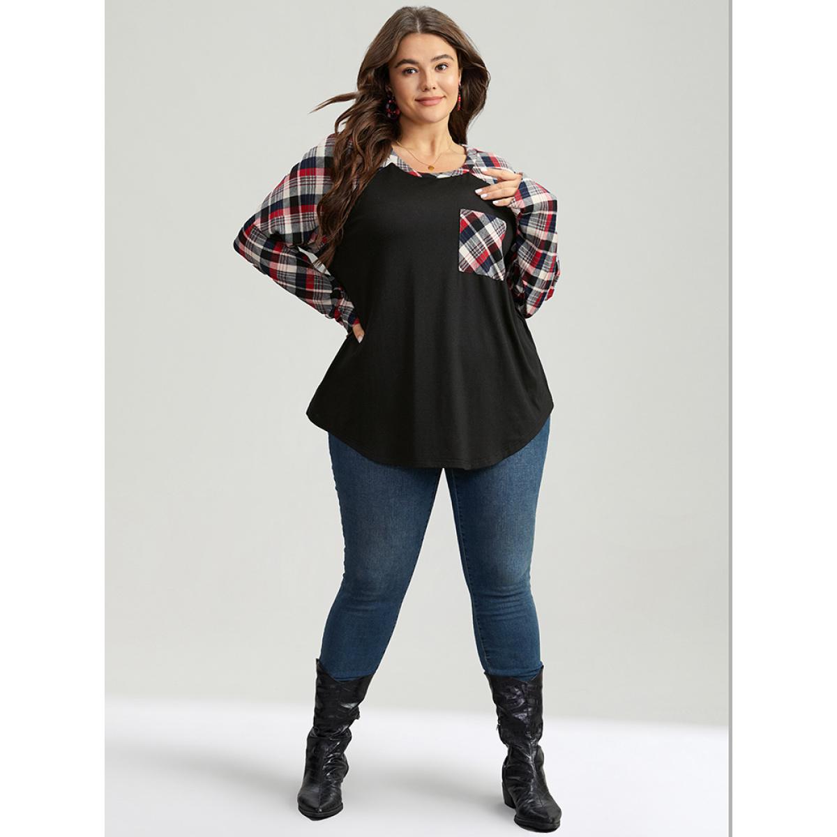 Plus Size Plaid Patched Pocket Raglan Sleeve T-shirt Black Women Casual Contrast Plaid Round Neck Festival-Christmas T-shirts BloomChic 28/5X Product Image