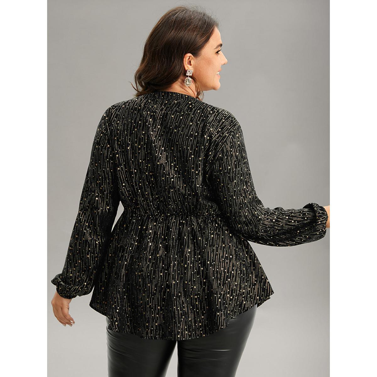 Plus Size Black Glitter Lantern Sleeve Elastic Waist Lace Up Blouse Women Party&Cocktail Long Sleeve Tie Neck Party Blouses BloomChic 22-24/3X Product Image