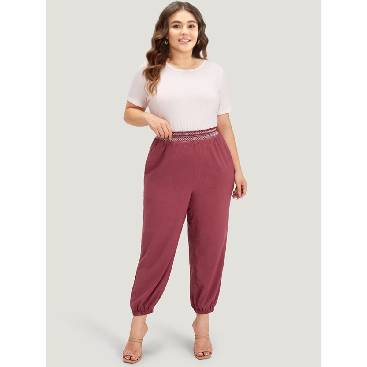 Plus Size Contrast Pocket Shirred Paperbag Waist Carrot Pants Women Burgundy Elegant High Rise Dailywear Pants BloomChic 14-16/1X Product Image
