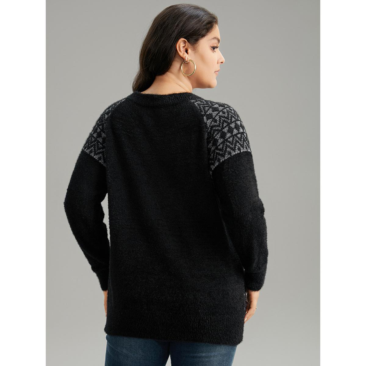 Plus Size Bandana Print Fuzzy Sparkly Pullover Black Women Casual Loose Long Sleeve Round Neck Dailywear Pullovers BloomChic 10/M Product Image