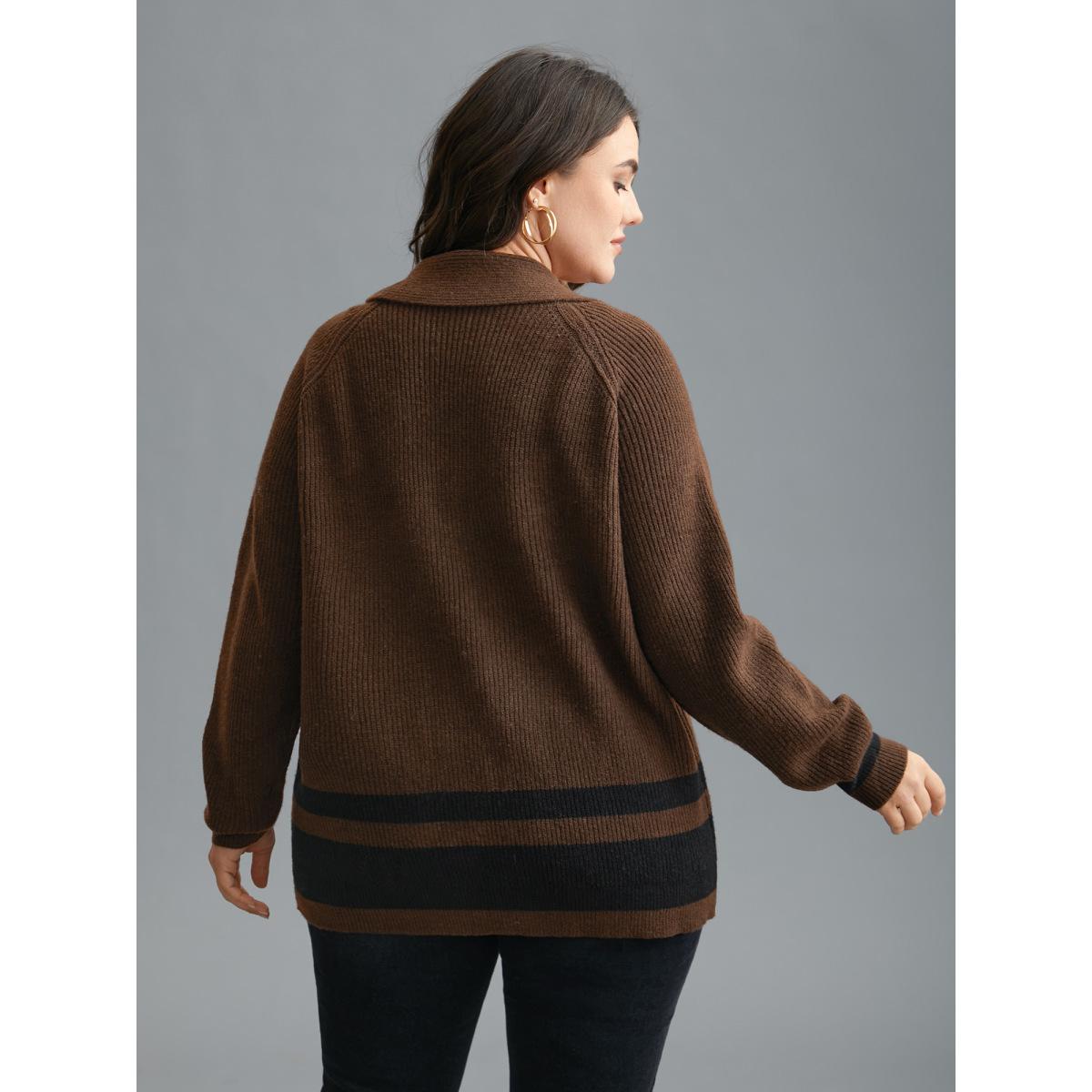 Plus Size Collared Button Front Striped Hem Knit Cardigan DarkBrown Women Casual Loose Long Sleeve Everyday Cardigans BloomChic 26/4X Product Image